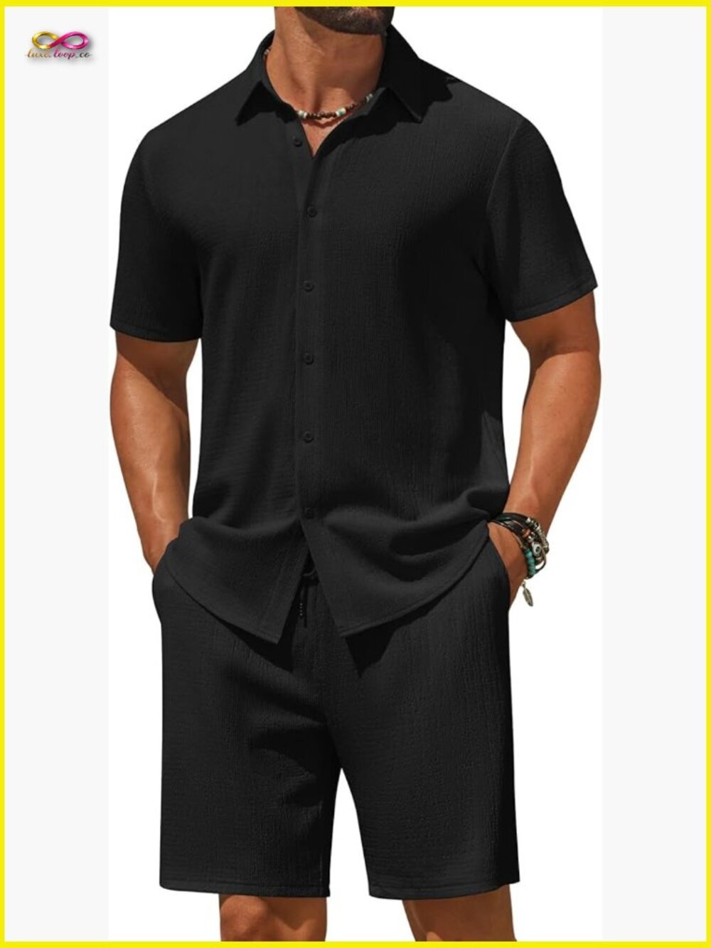 2 Piece Short Sleeve Button Down Shirt and Shorts Set Summer Vacation Outfit